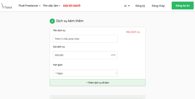 Hướng dẫn freelancer tạo gói dịch vụ - Bước 8 - Dịch vụ kèm thêm 