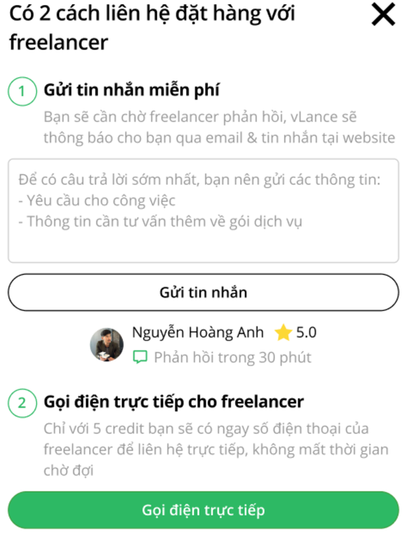 Hướng dẫn khách hàng mua gói dịch vụ - Bước 7 - Lựa chọn phương thức liên hệ với freelancer