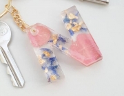 Custom Flower Initial Keychain, Pink and Blue Petals With Gold Leaf Letter Keyring, Personalised Bag.jpg