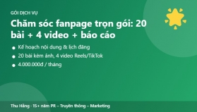 Chăm s&oacute;c fanpage trọn g&oacute;i: 20 b&agrave;i + 4 video ngắn + b&aacute;o c&aacute;o th&aacute;ng