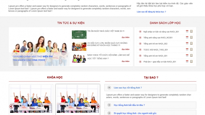 Giao diện trang th&ocirc;ng tin trung t&acirc;m đ&agrave;o tạo ngoại ngữ NaDiVoice