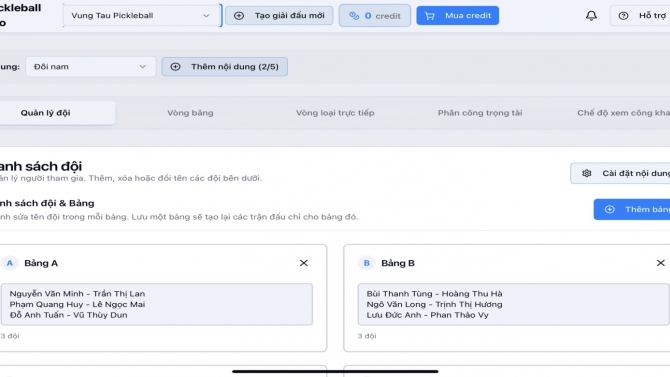 Thiết kế web app để quản l&yacute; giải đấu pickleball