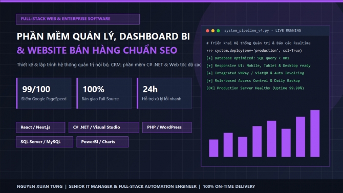 Phần Mềm Quản L&yacute; Nội Bộ, Dashboard B&aacute;o C&aacute;o BI & Website B&aacute;n H&agrave;ng Chuẩn SEO
