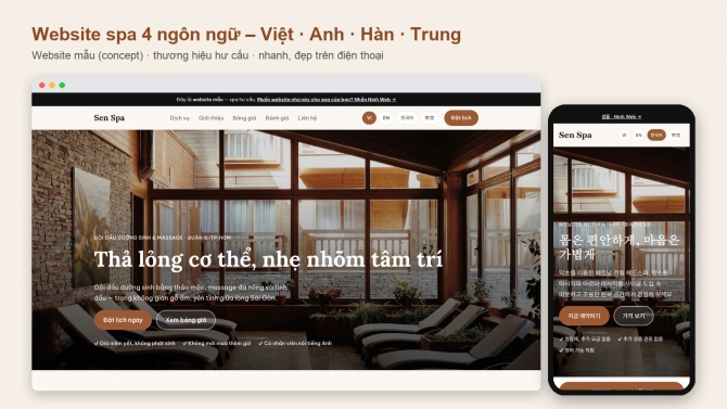 Website spa 4 ng&ocirc;n ngữ Việt &ndash; Anh &ndash; H&agrave;n &ndash; Trung (mẫu Sen Spa)
