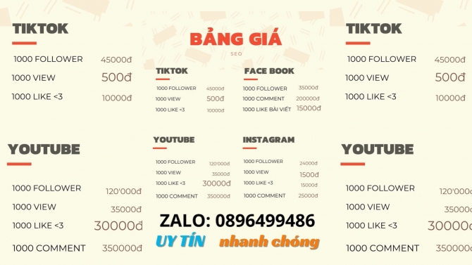 Bảng Gi&aacute; Tăng Theo D&otilde;i Tiktok, FB, YT, INS..