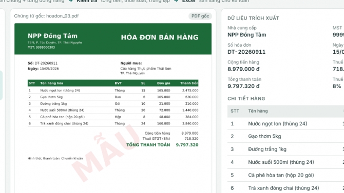 Tr&iacute;ch xuất h&oacute;a đơn, chứng từ (PDF, ảnh chụp) sang Excel, tự động so&aacute;t lỗi