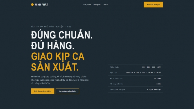 Landing page giới thiệu sản phẩm cho c&ocirc;ng ty vật tư cơ kh&iacute; B2B (demo)