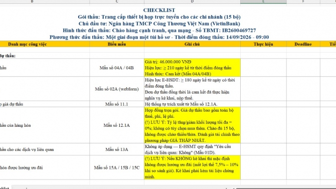 File Excel checklist chuẩn bị hồ sơ dự thầu