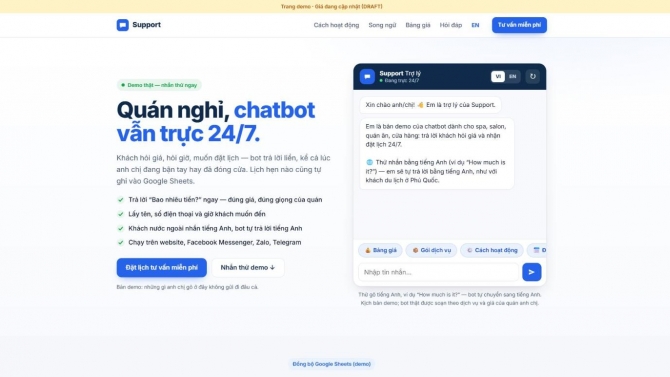 Chatbot tư vấn & đặt lịch 24/7 cho spa, qu&aacute;n ăn, cửa h&agrave;ng (song ngữ Việt - Anh)