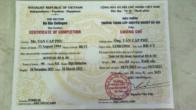 Chứng chỉ autocad loại xuất sắc