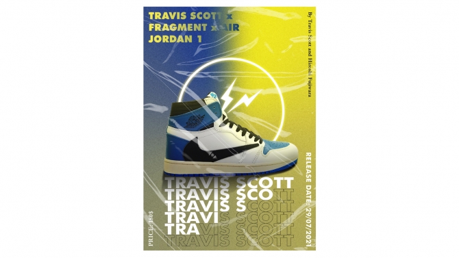 Poster gi&agrave;y Air Jordan 1 High phi&ecirc;n bản collab với  Travis Scott v&agrave; Fragment