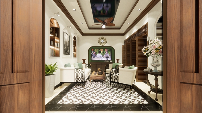 Nội thất Ph&ograve;ng Kh&aacute;ch & bếp ph&ograve;ng c&aacute;ch indochine
