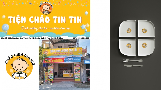 Thiết kế logo v&agrave; biển hiệu cho qu&aacute;n ch&aacute;o ăn dặm. với t&ocirc;ng m&agrave;u vang l&agrave; chủ đạo. Nội dung vui tươi bắt mắt