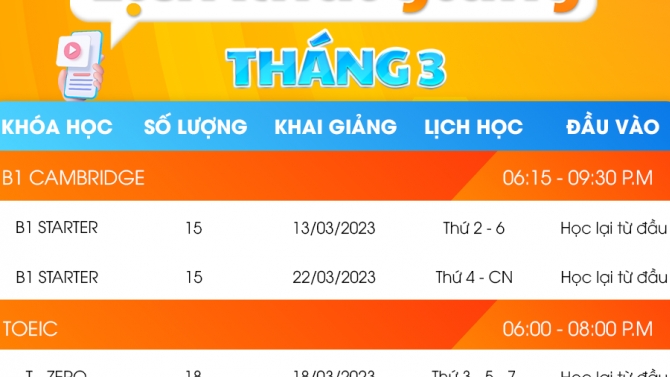 Thiết kế lịch khai giảng trung t&acirc;m tiếng Anh