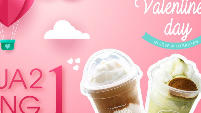 Banner Valentine 14/02/2019 cửa h&agrave;ng tr&agrave; sữa Banyan