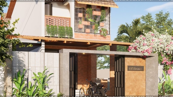 Mẫu nh&agrave; phố 2 tầng, m&aacute;i ng&oacute;i dốc, hướng t&acirc;y