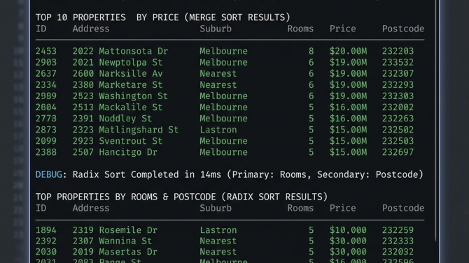 Bộ lọc & Thuật to&aacute;n Sắp xếp Dữ liệu lớn Melbourne Housing (C++)