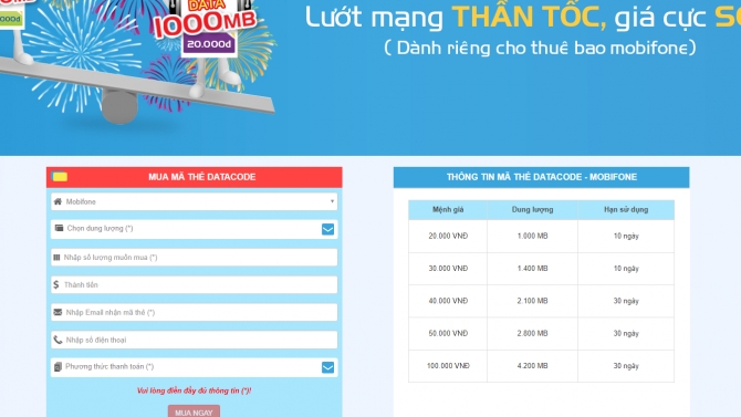 Website giới thiệu v&agrave; mua thẻ datacode Mobifone online - AngularJS