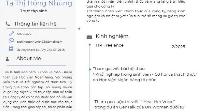 T&ocirc;i l&agrave; Tạ Thị Hồng Nhung, sinh vi&ecirc;n năm 2 ngh&agrave;nh Kế To&aacute;n của Học viện Ng&acirc;n h&agrave;ng. T&ocirc;i hứng th&uacute; v&agrave; muốn được nhận c&ocirc;ng việc freelance về mảng content, design