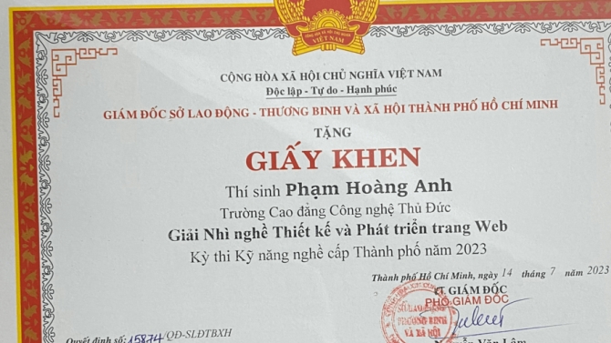 Bằng khen kỳ thi kỹ năng nghề cấp TP.HCM