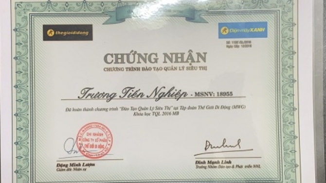 Chứng nhận chương tr&igrave;nh Đ&agrave;o Tạo Quản L&yacute; Si&ecirc;u Thị tại Tập Đo&agrave;n Thế Giới Di Động