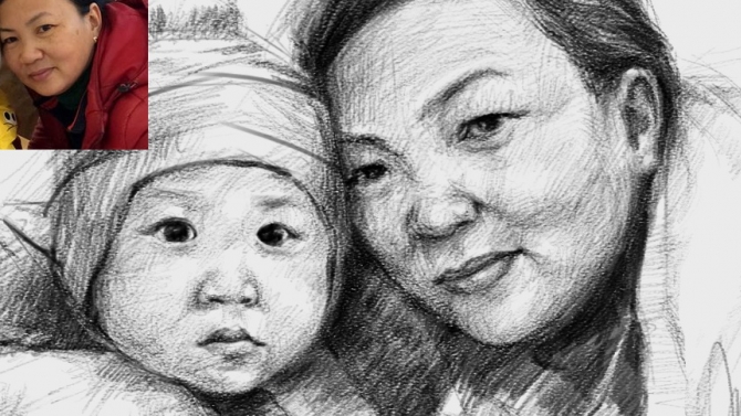 Tranh vẽ 2 b&agrave; ch&aacute;u