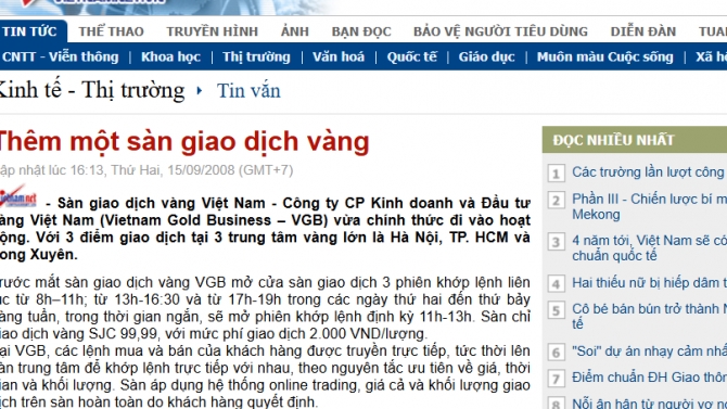 Ph&aacute;t triển v&agrave; triển khai hệ thống giao dịch s&agrave;n v&agrave;ng VGB