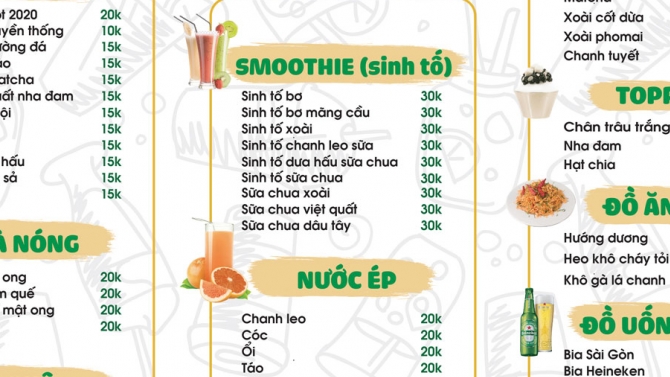 Menu tiệm tr&agrave; chanh