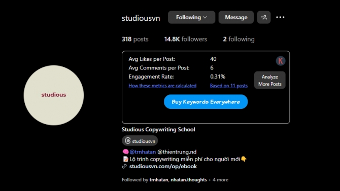 Quản l&iacute; trang instagram, tik tok cho Studious