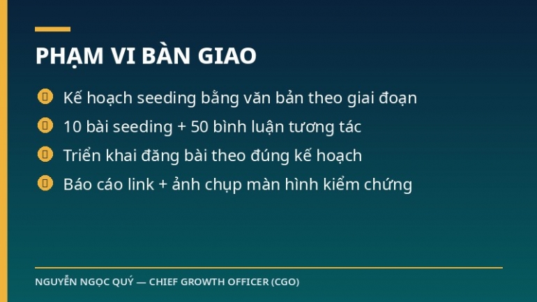 G&oacute;i seeding đa k&ecirc;nh: b&agrave;i seeding + b&igrave;nh luận + triển khai group/diễn đ&agrave;n theo kế hoạch b&agrave;i bản