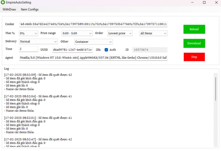 Phần mềm đấu gi&aacute; tự động (bot) tr&ecirc;n https://csgoempire.com