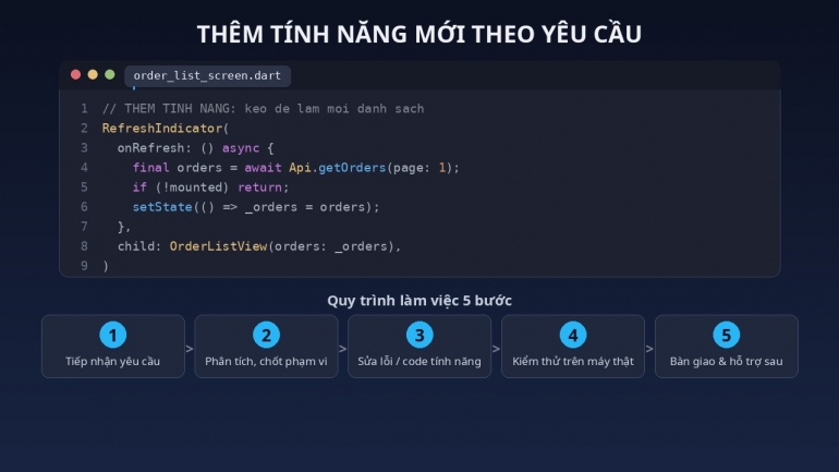 Sửa lỗi v&agrave; th&ecirc;m t&iacute;nh năng app Flutter