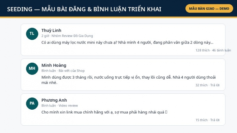 G&oacute;i seeding đa k&ecirc;nh: b&agrave;i seeding + b&igrave;nh luận + triển khai group/diễn đ&agrave;n theo kế hoạch b&agrave;i bản