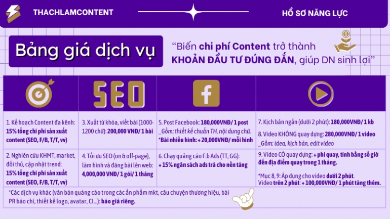 G&oacute;i Content Đa K&ecirc;nh Ti&ecirc;u Chuẩn (10 b&agrave;i SEO + 10 post Fanpage + 10 video TikTok: giao trong v&ograve;ng 4 tuần). Gi&aacute; đ&atilde; tối ưu theo mức ng&acirc;n s&aacute;ch Content Marketing cho SME & startup.