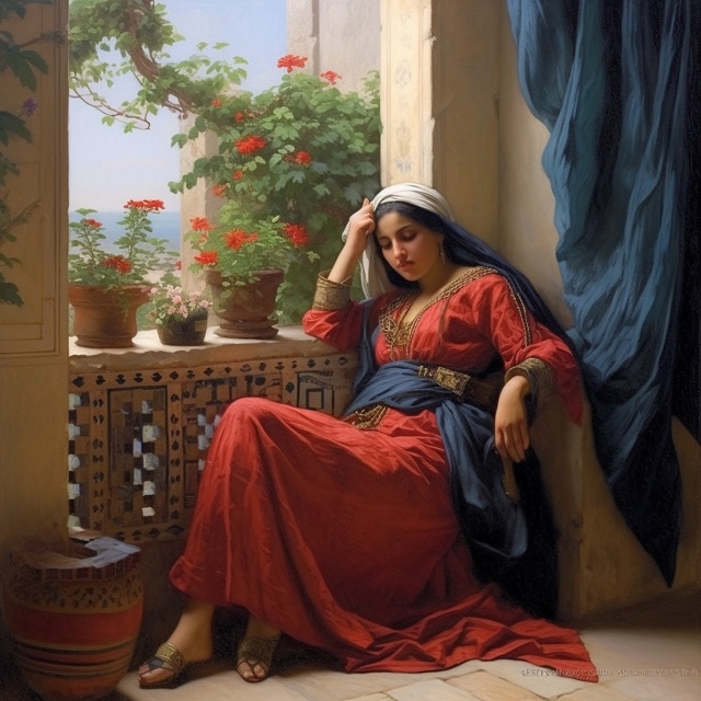 Hannibal_247_arabian_Woman_waiting_in_an_old_terrasse._Flowers__1f50339b-e794-4b8f-b666-a5f75917729e.png