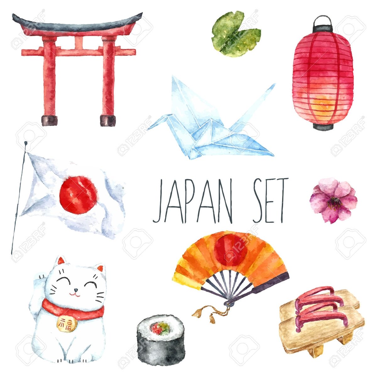 46278771-Watercolor-set-of-Japan-Hand-draw-Japanese-design-elements-Torii-gate-origami-bird-Japan-flag-lacky--Stock-Vector.jpg